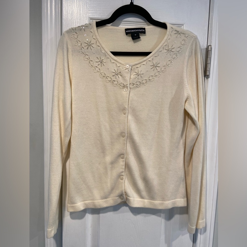Norton Mcnaughten Size M Cream Beaded Collar Long Sleeve Button Front Cardigan
